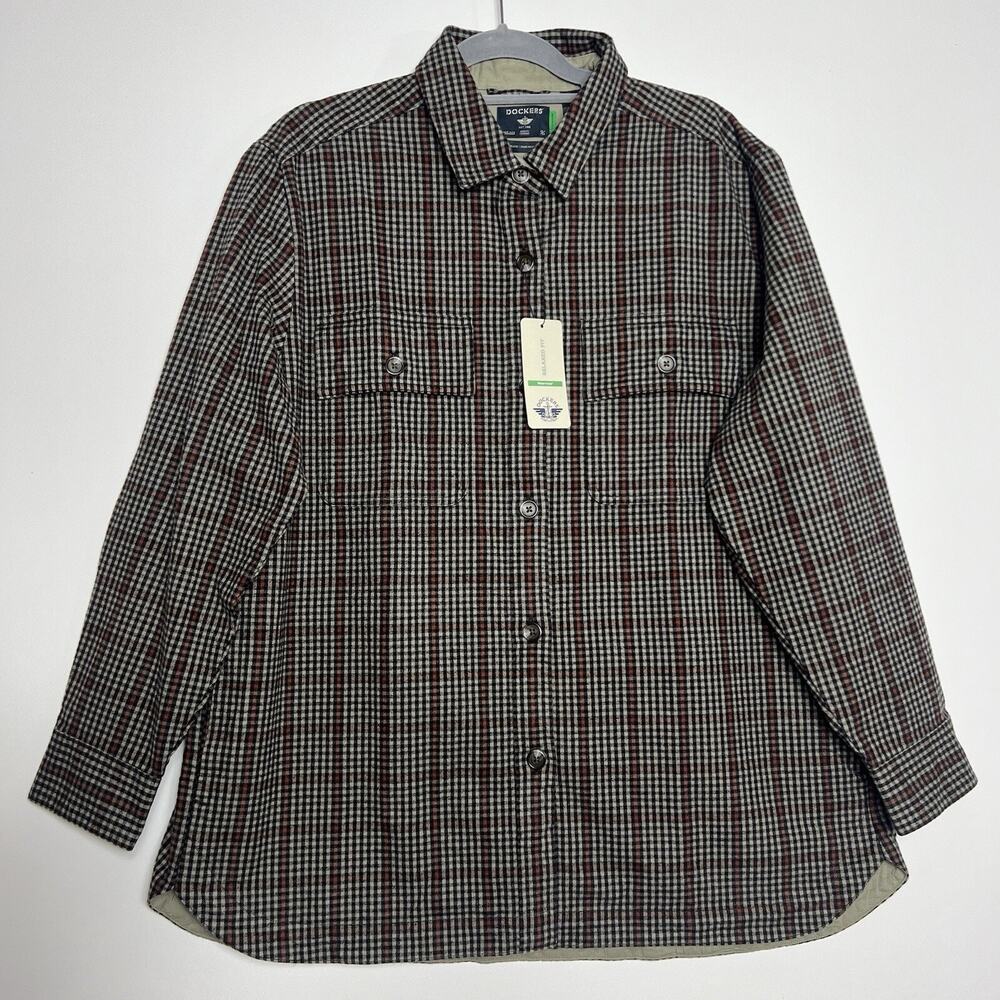 Dockers Women’ Relaxed Fit Water less Brown Plaid Button Up Shirt Jacket Size XL